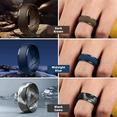 Egnaro Men's Silicone Wedding Ring Set - Size 10 (10mm Wide, 2.5mm Thick) | 7-Pack Breathable Comfort Fit thumbnail 3