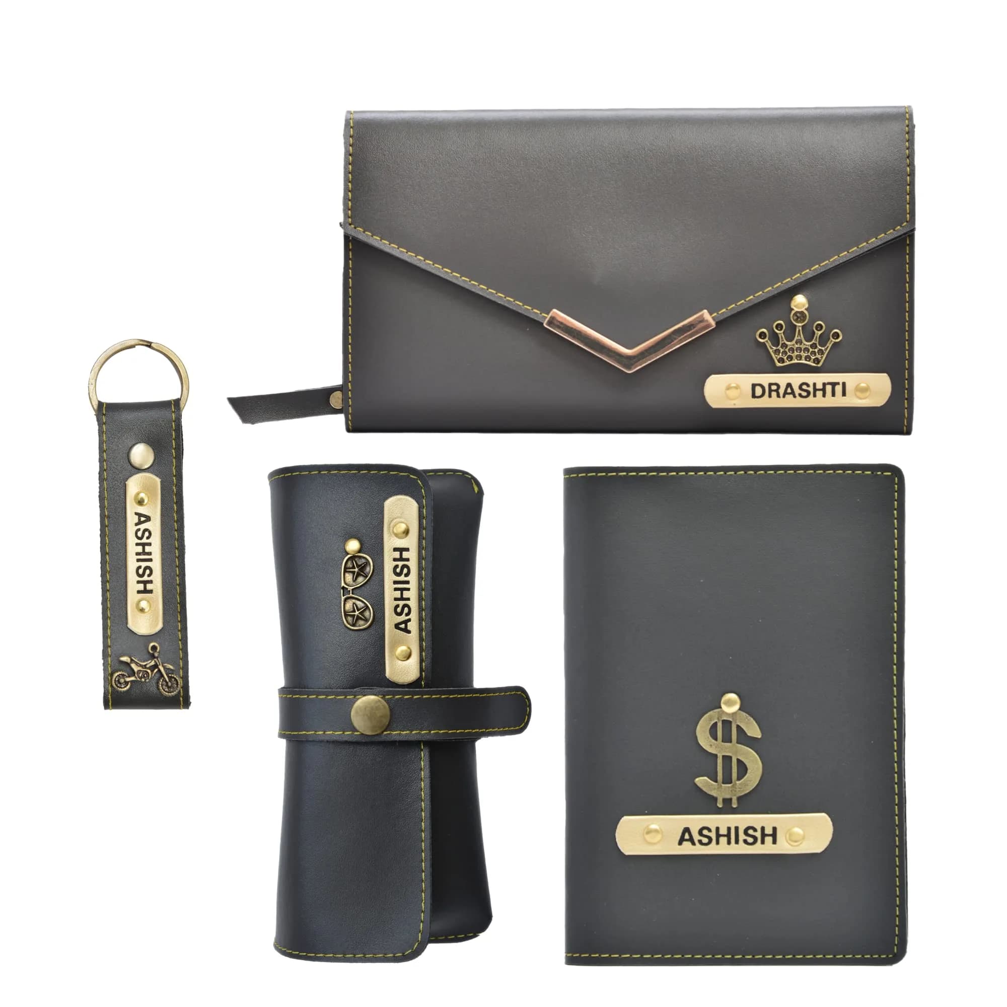 Your Gift Studio Grey Leather 4 Pc Combo Set | Personalized Wallet, Passport Cover, Eyewear Case & Keychain - main product image