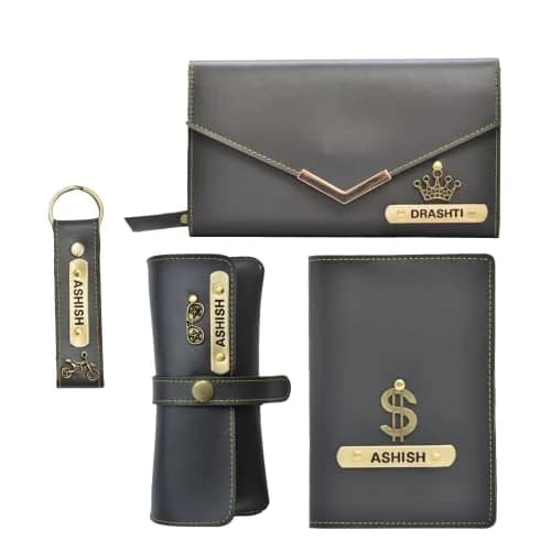 Your Gift Studio Grey Leather 4 Pc Combo Set | Personalized Wallet, Passport Cover, Eyewear Case & Keychain thumbnail 1
