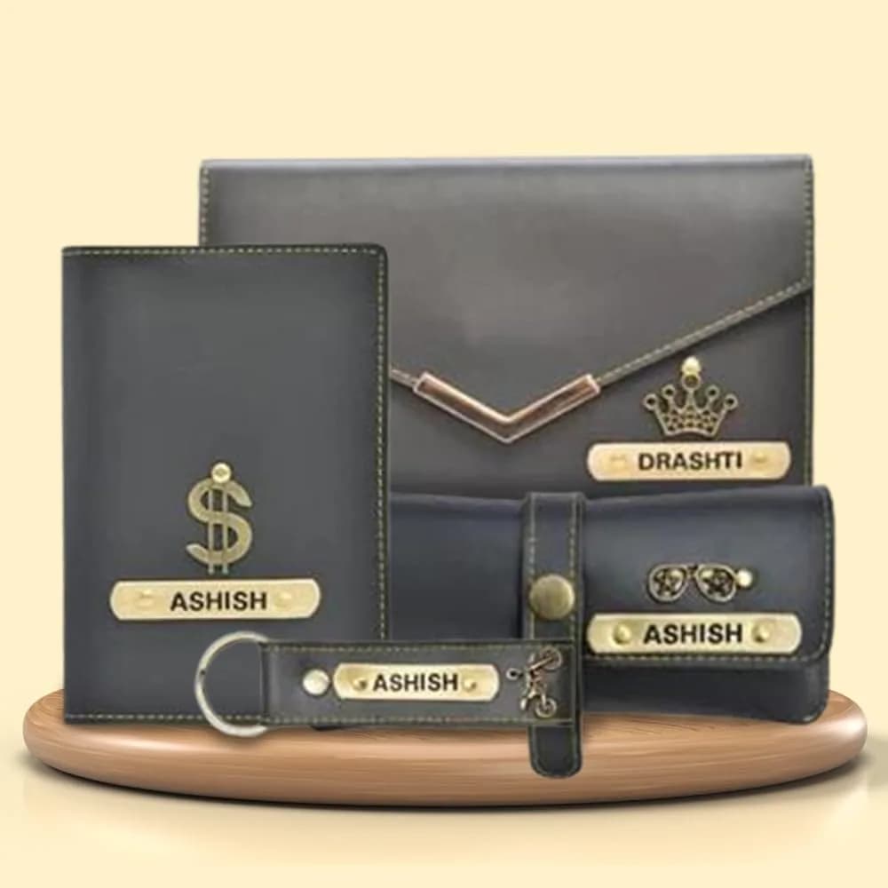 Your Gift Studio Grey Leather 4 Pc Combo Set | Personalized Wallet, Passport Cover, Eyewear Case & Keychain - view 2