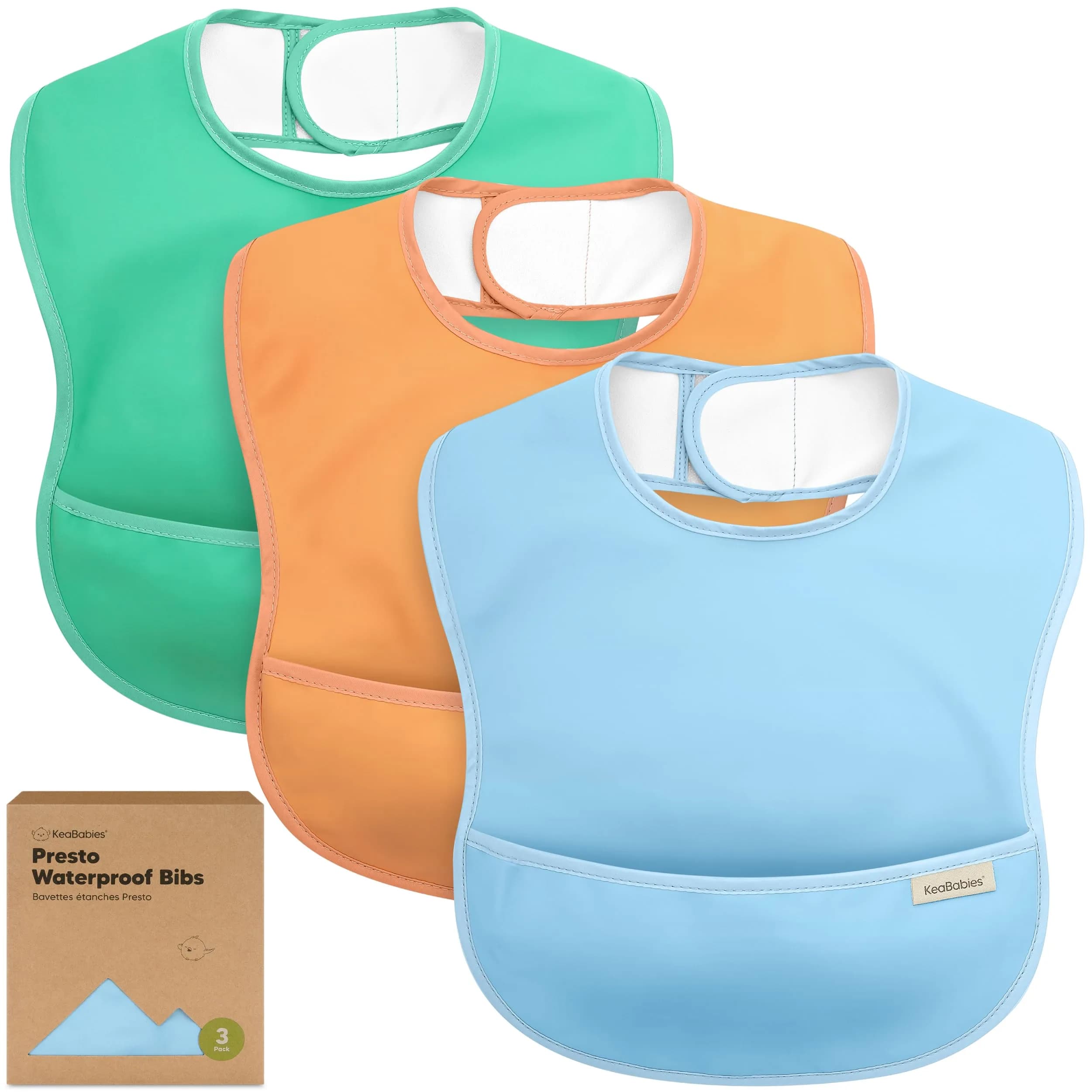 KeaBabies Waterproof Baby Bibs 3-Pack | Lightweight, Wipeable, Large Coverage for Feeding (6-36 months)