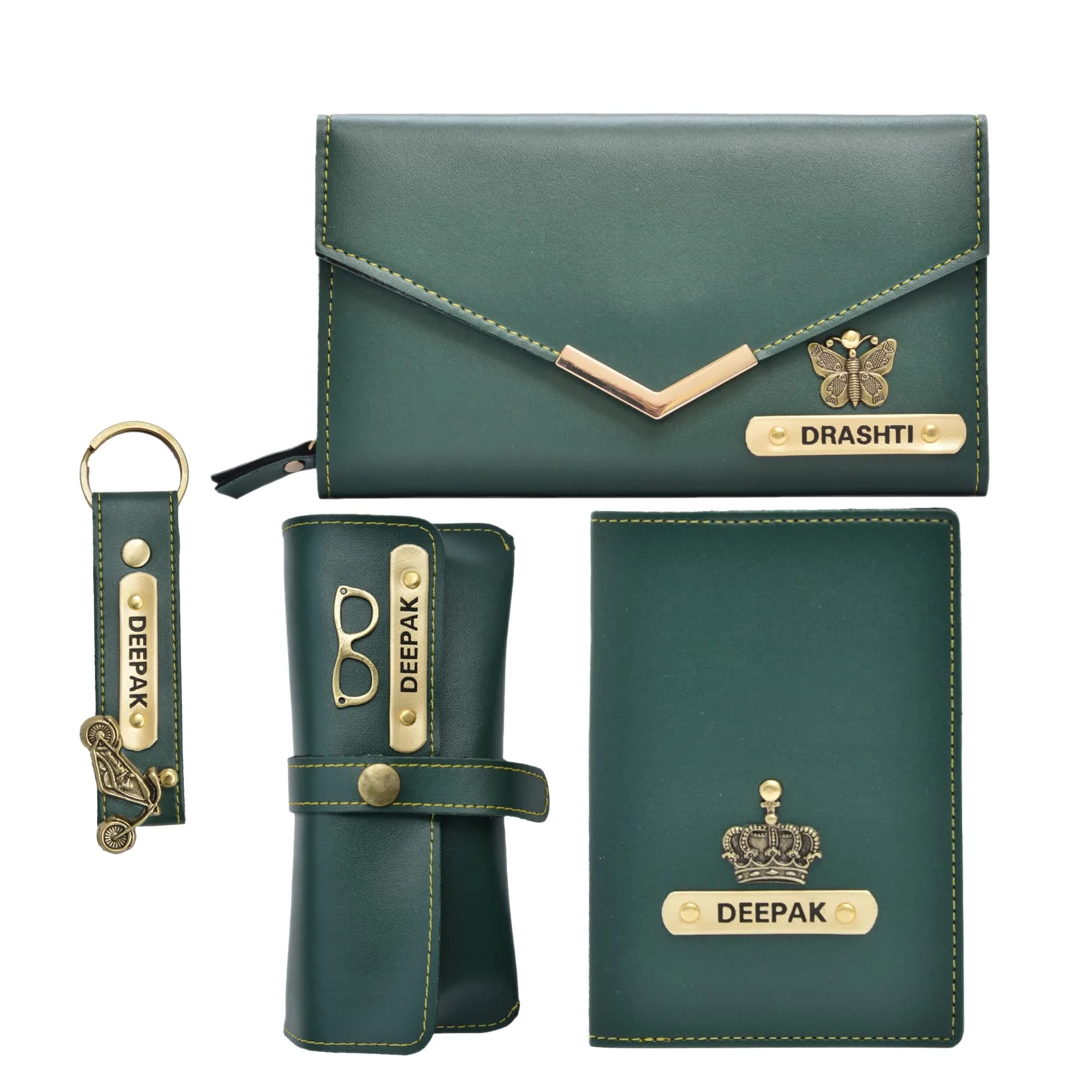 YOUR GIFT STUDIO Personalised Leather Gift Set for Women | Wallet, Passport Cover, Sunglasses Case, Keychain (Green) - main product image