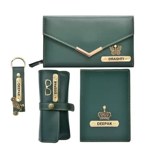 YOUR GIFT STUDIO Personalised Leather Gift Set for Women | Wallet, Passport Cover, Sunglasses Case, Keychain (Green) thumbnail 1