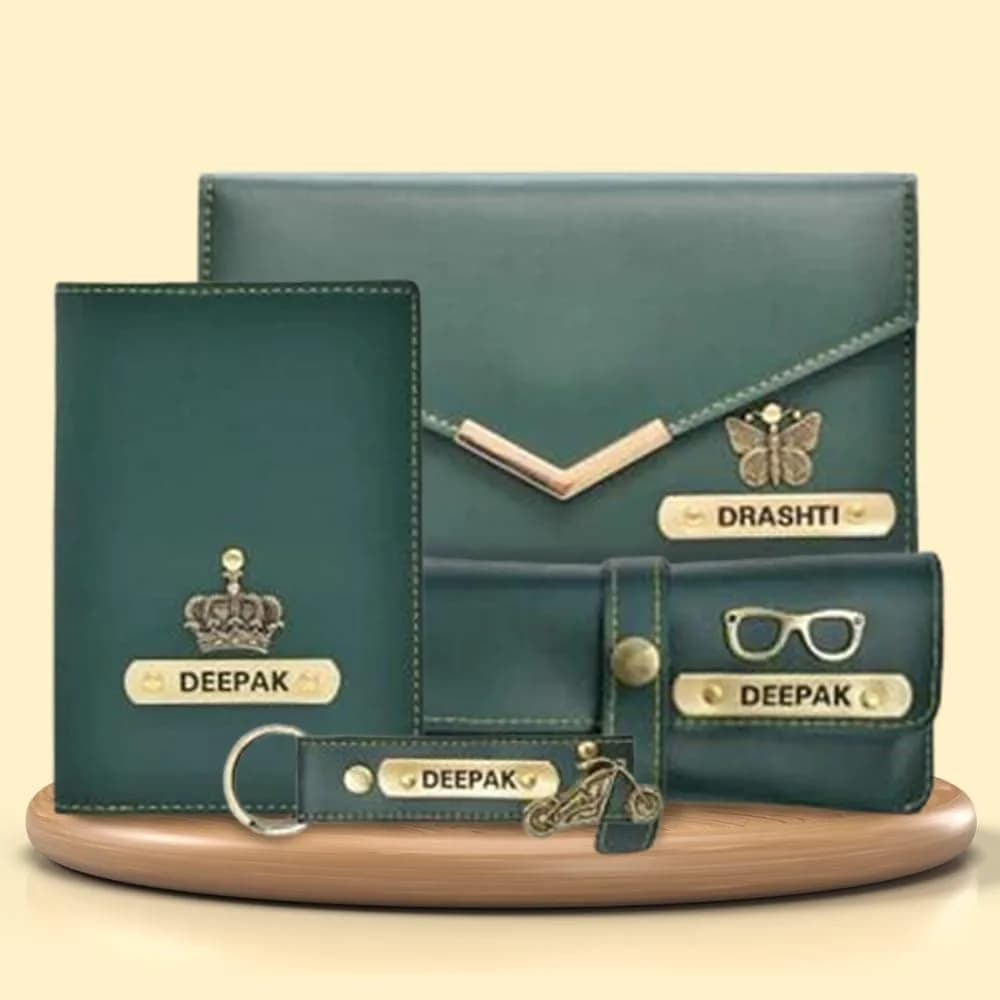 YOUR GIFT STUDIO Personalised Leather Gift Set for Women | Wallet, Passport Cover, Sunglasses Case, Keychain (Green) - view 2