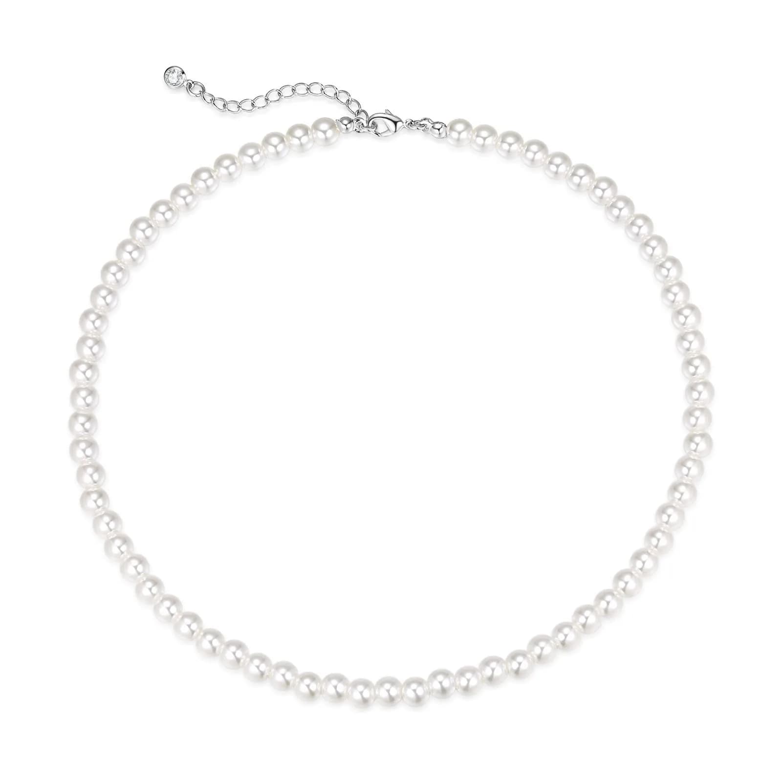 HERIER Pearl Necklace for Women 6MM | Elegant Imitation Pearl Jewelry with Silver or Gold Finish — Silver-14inch-6mm