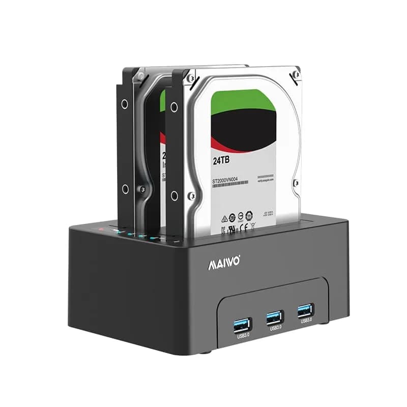 MAIWO Dual Bay Hard Drive Docking Station Cloner 2.5/3.5 Inch SATA HDD SSD | 48TB Capacity, 3x USB 3.0 Hub, 12V 3A Power thumbnail 1