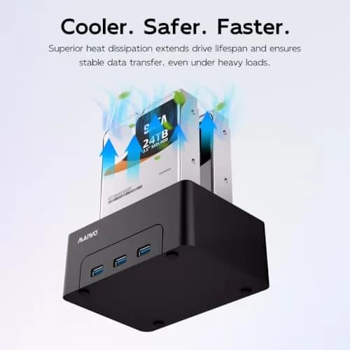 MAIWO Dual Bay Hard Drive Docking Station Cloner 2.5/3.5 Inch SATA HDD SSD | 48TB Capacity, 3x USB 3.0 Hub, 12V 3A Power thumbnail 5