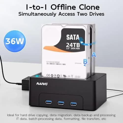 MAIWO Dual Bay Hard Drive Docking Station Cloner 2.5/3.5 Inch SATA HDD SSD | 48TB Capacity, 3x USB 3.0 Hub, 12V 3A Power thumbnail 2