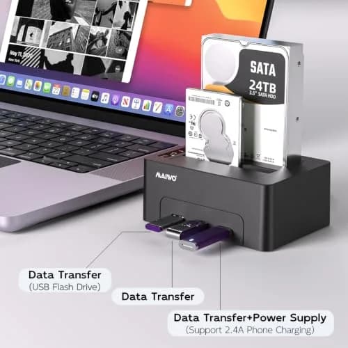 MAIWO Dual Bay Hard Drive Docking Station Cloner 2.5/3.5 Inch SATA HDD SSD | 48TB Capacity, 3x USB 3.0 Hub, 12V 3A Power thumbnail 3