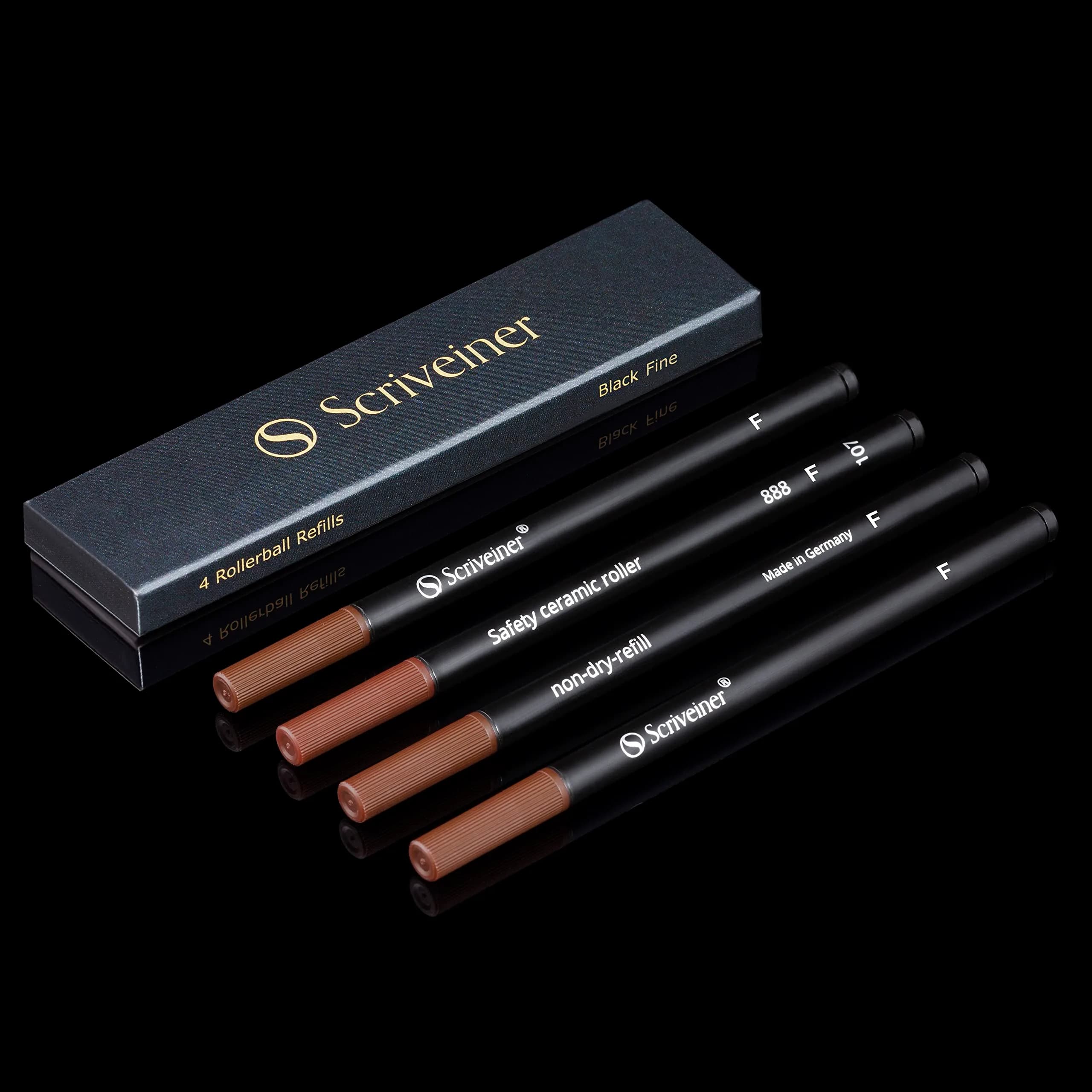 Scriveiner Black Rollerball Pen Refills 4 Pack (11.6cm L x 2.8cm W x 1cm H) | Made in Germany, Schmidt 888 Size — Black
