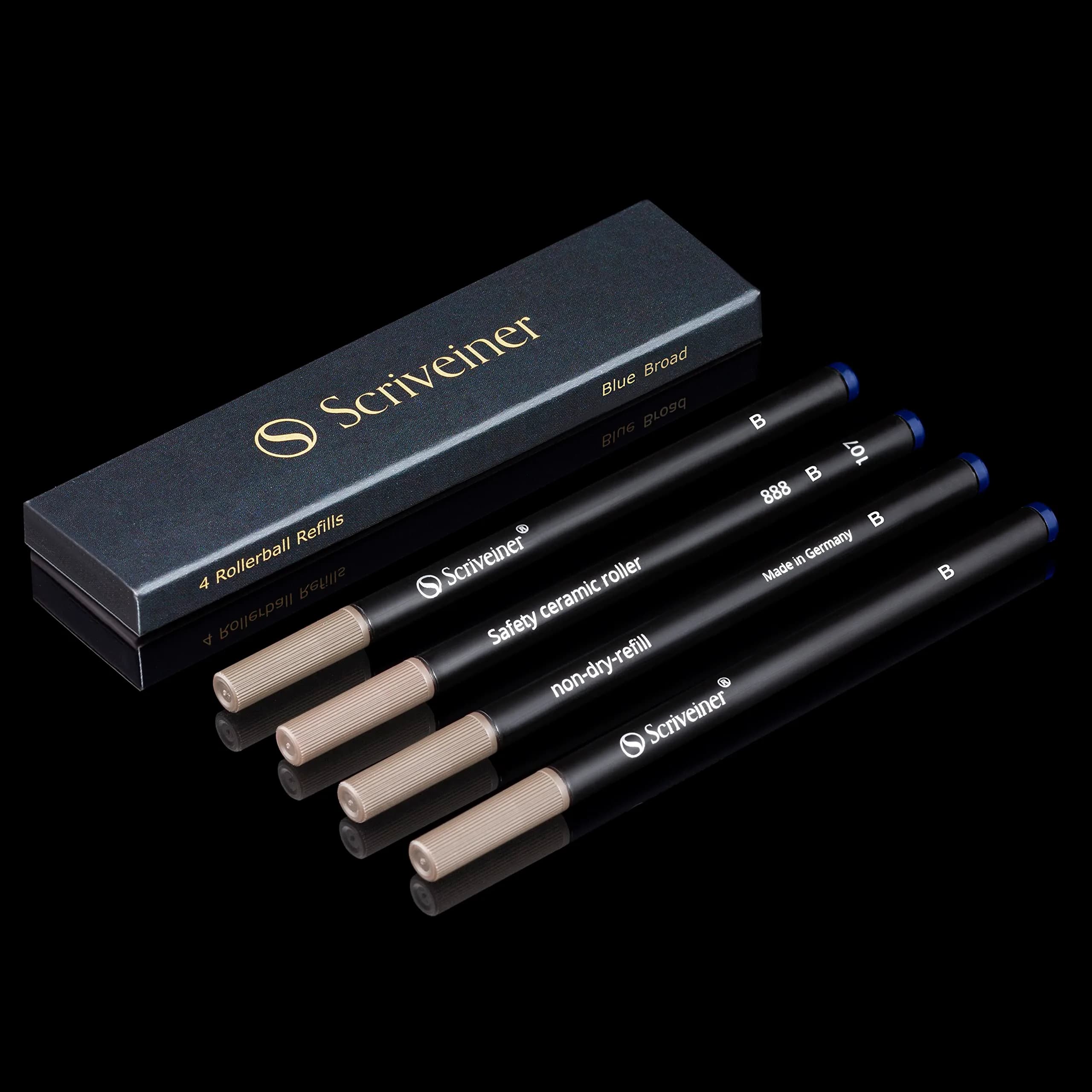 Scriveiner Rollerball Pen Refills Blue Broad Tip 4-Pack | Made in Germany, Schmidt 888 Size, Liquid Ink — Blue
