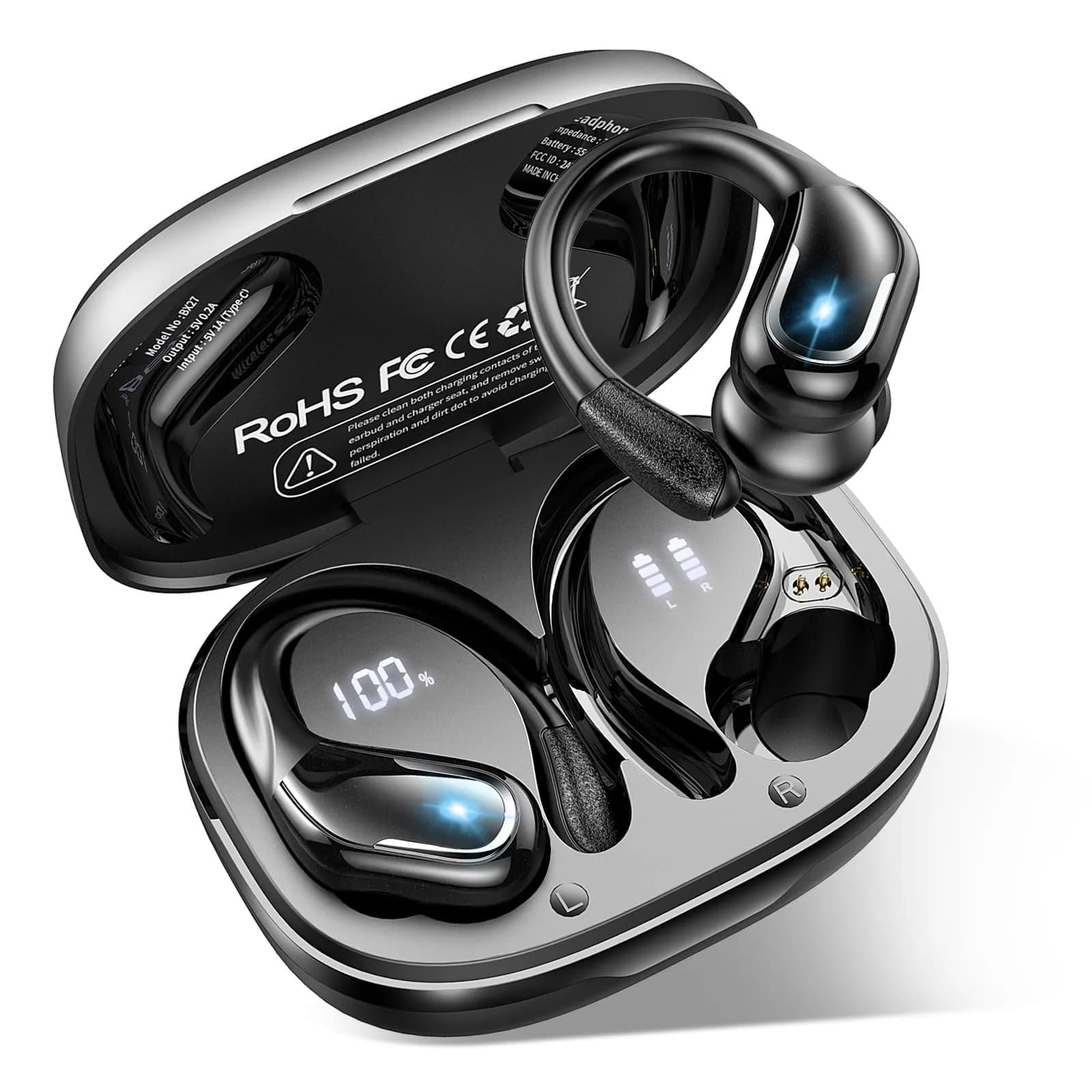 Ltinist Wireless Earbud, Bluetooth 5.3 Headphones with Earhooks, 75H Battery, IP7 Waterproof, Built-in Microphone for Running Sports