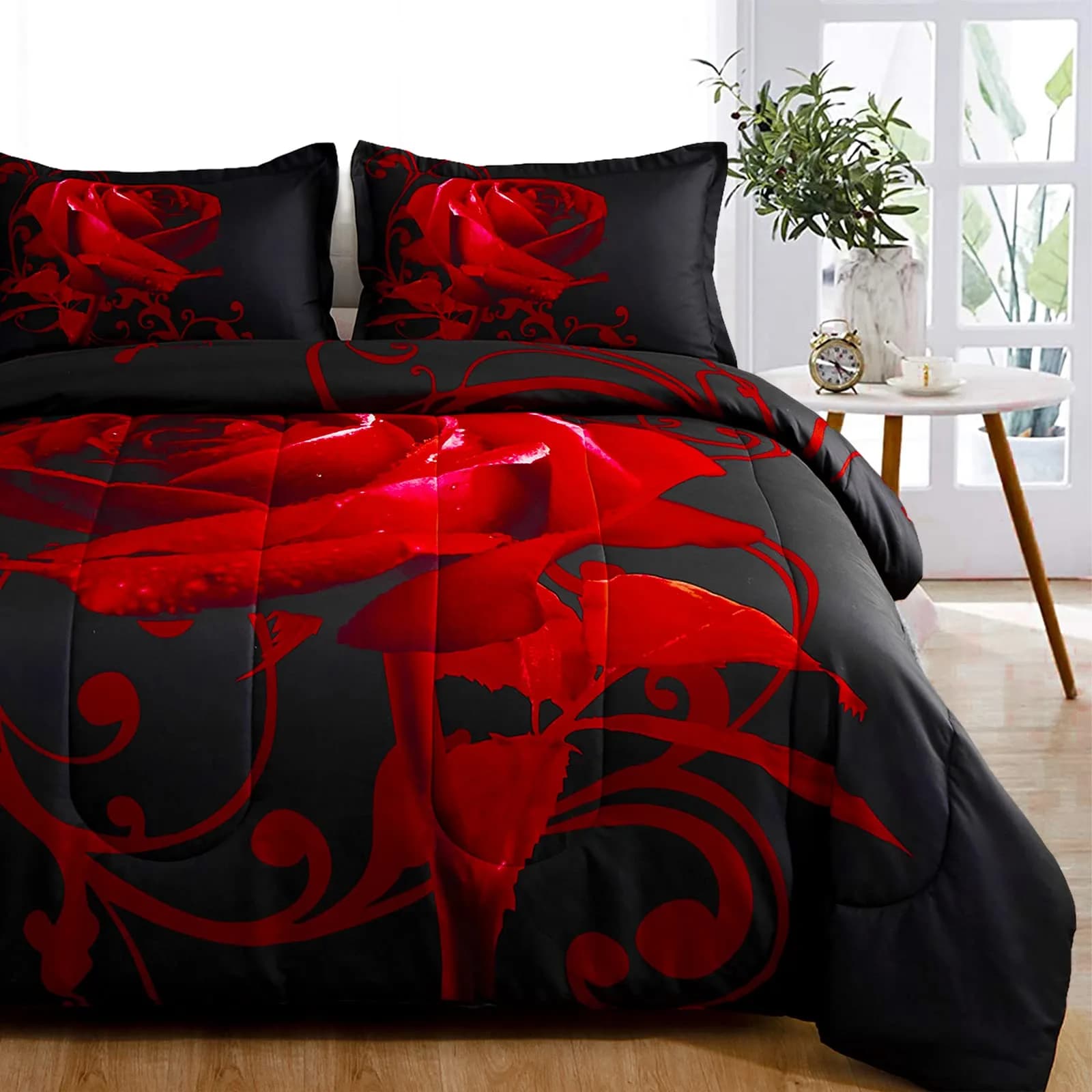 WONGS BEDDING Red Comforter Set Queen Red Rose 3 Pieces Bedding | All Season Microfiber Comforter with Elegant Rose Pattern