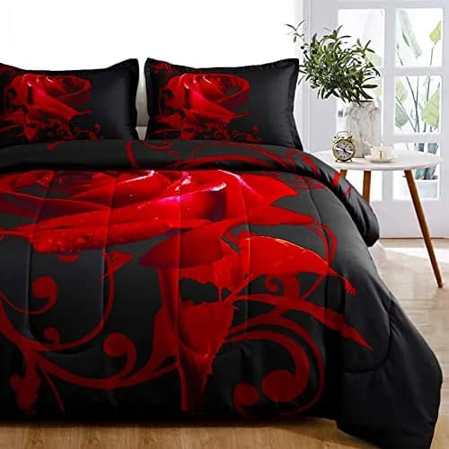 WONGS BEDDING Red Comforter Set Queen Red Rose 3 Pieces Bedding | All Season Microfiber Comforter with Elegant Rose Pattern thumbnail 1