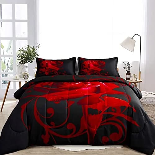 WONGS BEDDING Red Comforter Set Queen Red Rose 3 Pieces Bedding | All Season Microfiber Comforter with Elegant Rose Pattern thumbnail 4