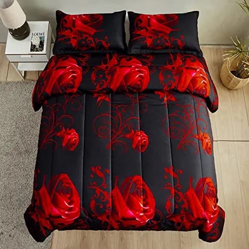 WONGS BEDDING Red Comforter Set Queen Red Rose 3 Pieces Bedding | All Season Microfiber Comforter with Elegant Rose Pattern thumbnail 5