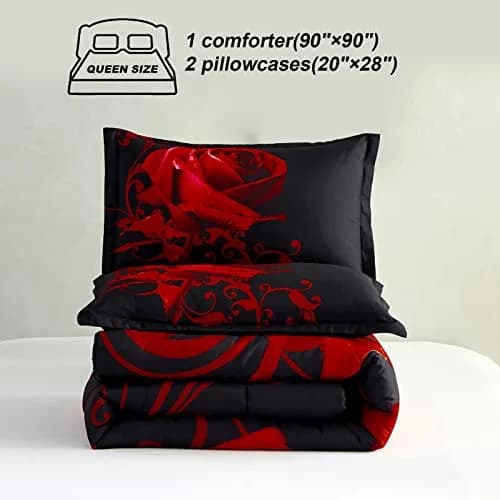 WONGS BEDDING Red Comforter Set Queen Red Rose 3 Pieces Bedding | All Season Microfiber Comforter with Elegant Rose Pattern thumbnail 6
