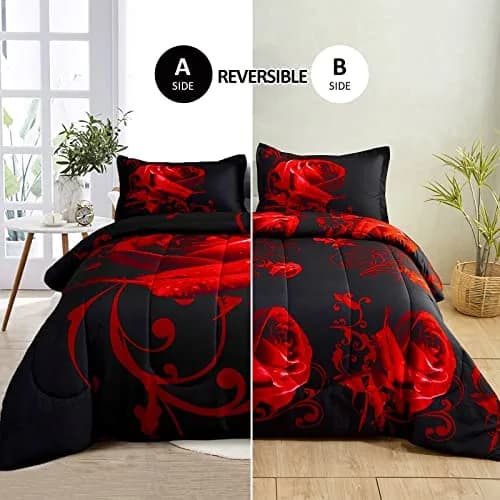 WONGS BEDDING Red Comforter Set Queen Red Rose 3 Pieces Bedding | All Season Microfiber Comforter with Elegant Rose Pattern thumbnail 2