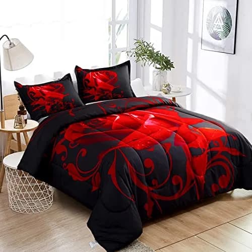 WONGS BEDDING Red Comforter Set Queen Red Rose 3 Pieces Bedding | All Season Microfiber Comforter with Elegant Rose Pattern thumbnail 3