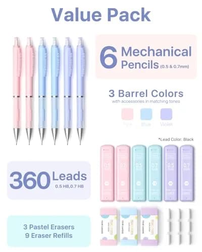 Four Candies Pastel Mechanical Pencil Set with Case, 6 Count (0.5mm & 0.7mm Lead) | Smooth Writing & Erasable thumbnail 6