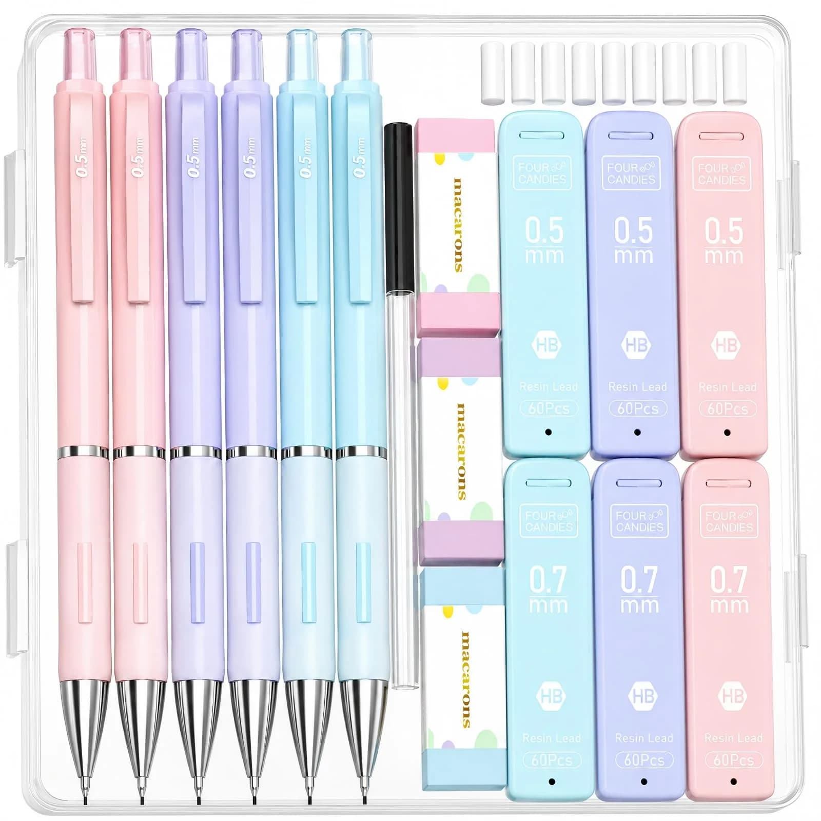 Four Candies Pastel Mechanical Pencil Set with Case, 6 Count (0.5mm & 0.7mm Lead) | Smooth Writing & Erasable — 0.5mm+0.7mm