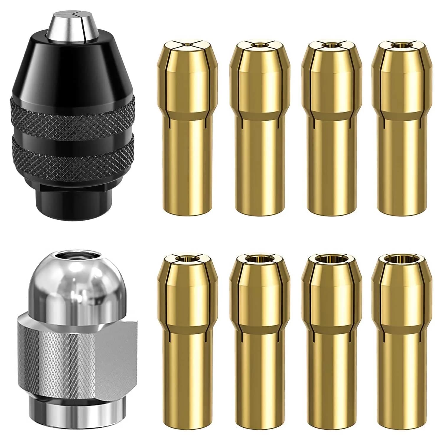 Mellbree Keyless Drill Chuck Collet Set for Dremel 1/32"-1/8" (0.8mm-3.2mm) | All-Metal Brass Collets & Nut - main product image