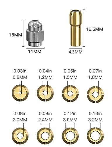 Mellbree Keyless Drill Chuck Collet Set for Dremel 1/32"-1/8" (0.8mm-3.2mm) | All-Metal Brass Collets & Nut thumbnail 3