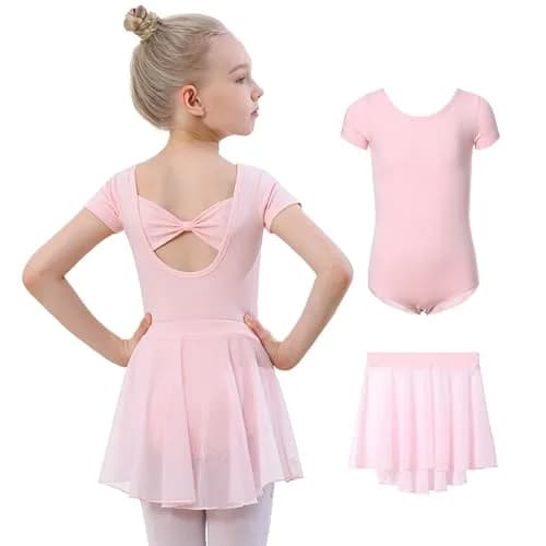 DIPUG Girls Ballet Leotard with Removable Skirt Toddler Dance Dress Combo Pink Short Sleeve Size 6-8 Years | 2-Piece Outfit for Dance & Gymnastics thumbnail 1
