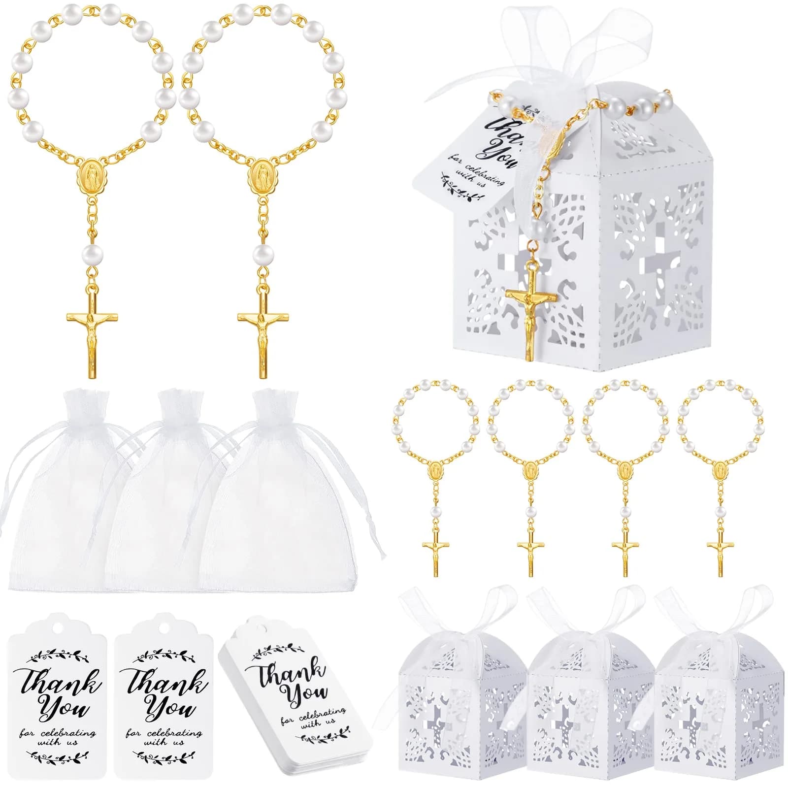Yinkin Gold Party Favor Sets | 100 Pieces Baptism & Wedding Gifts (4.5 inch Rosaries, Boxes, Bags, Tags)