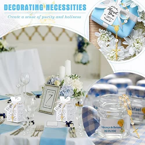 Yinkin Gold Party Favor Sets | 100 Pieces Baptism & Wedding Gifts (4.5 inch Rosaries, Boxes, Bags, Tags) thumbnail 6