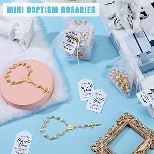 Yinkin Gold Party Favor Sets | 100 Pieces Baptism & Wedding Gifts (4.5 inch Rosaries, Boxes, Bags, Tags) thumbnail 7