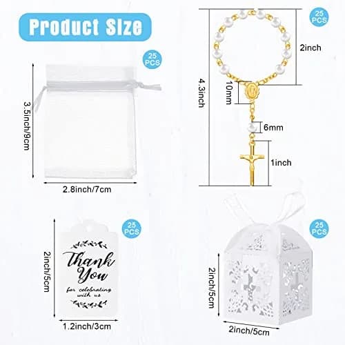 Yinkin Gold Party Favor Sets | 100 Pieces Baptism & Wedding Gifts (4.5 inch Rosaries, Boxes, Bags, Tags) thumbnail 2