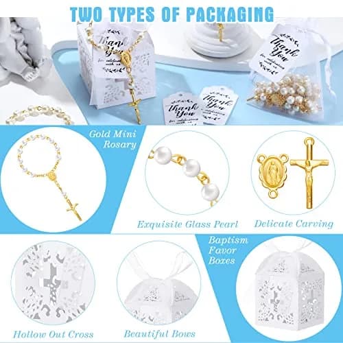 Yinkin Gold Party Favor Sets | 100 Pieces Baptism & Wedding Gifts (4.5 inch Rosaries, Boxes, Bags, Tags) thumbnail 3