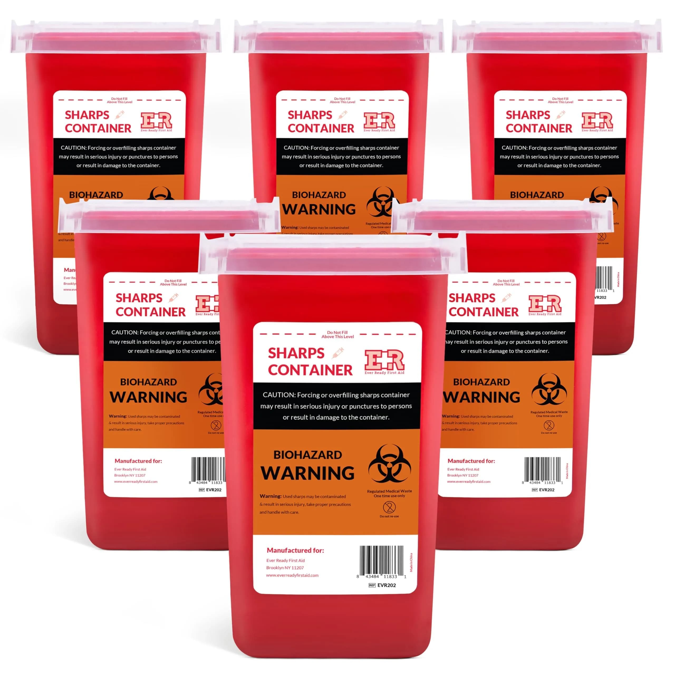 Ever Ready First Aid Sharps Container with Split Lid Design and Locking Mechanism, 1 Quart (6-Count Pack) — Red