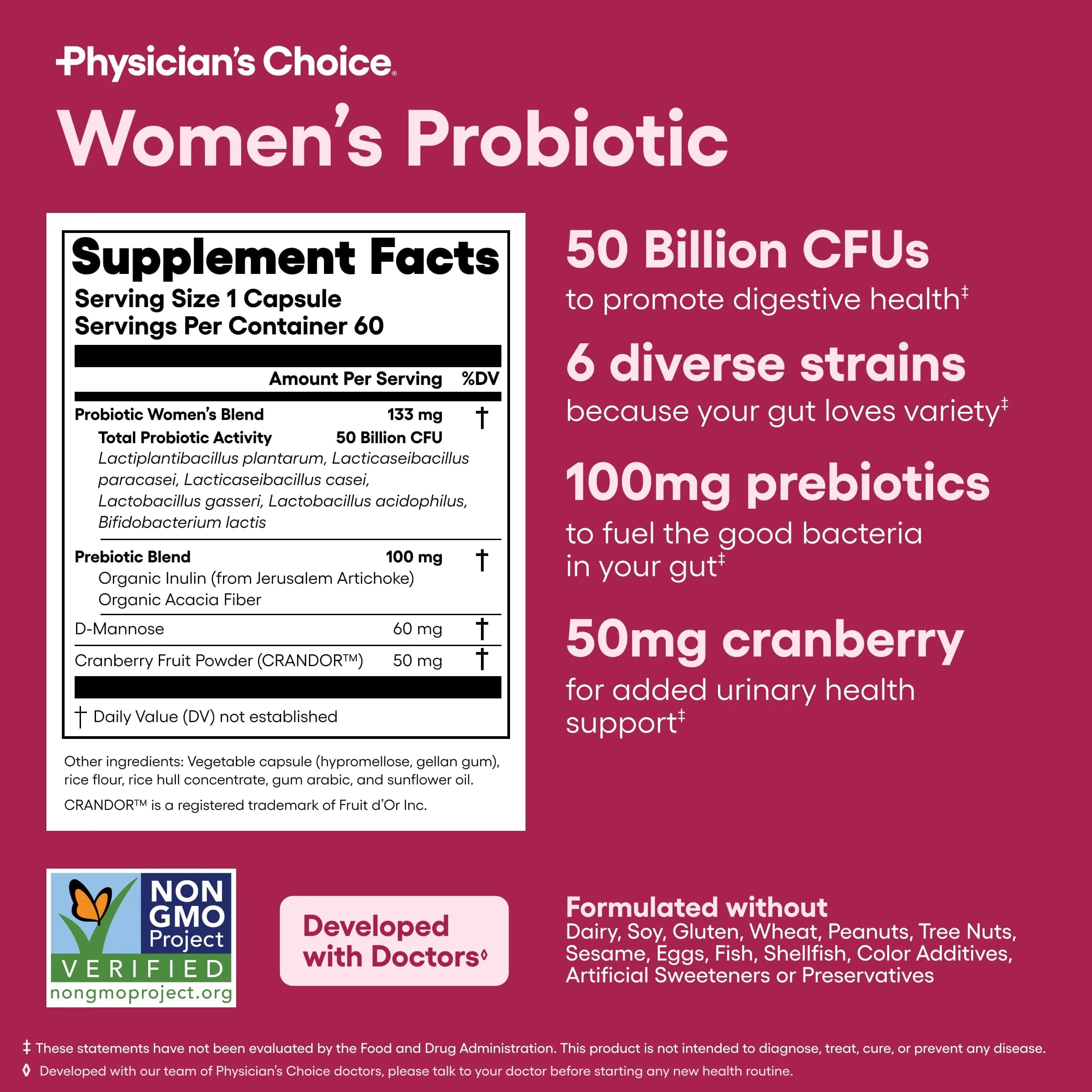 Physician's Choice Probiotics for Women 60 Count | Digestive, UT, Feminine Health, 50 Billion CFU, Organic Prebiotics, Cranberry Extract - view 6