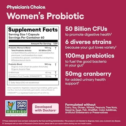 Physician's Choice Probiotics for Women 60 Count | Digestive, UT, Feminine Health, 50 Billion CFU, Organic Prebiotics, Cranberry Extract thumbnail 6