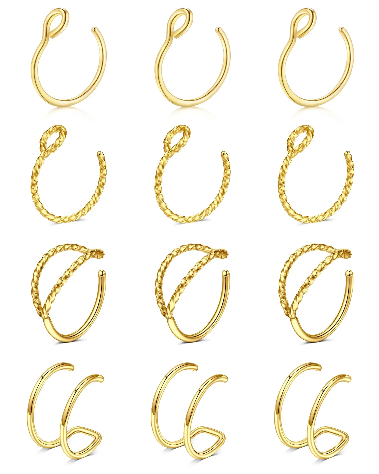 MODRSA Gold Fake Nose Ring Hoop Set for Women Men | 12 Pieces, 8mm Inner Diameter — 16-4 styles hoops-gold