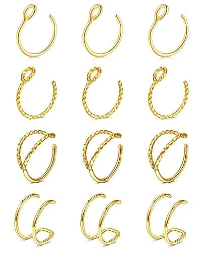 MODRSA Gold Fake Nose Ring Hoop Set for Women Men | 12 Pieces, 8mm Inner Diameter thumbnail 1