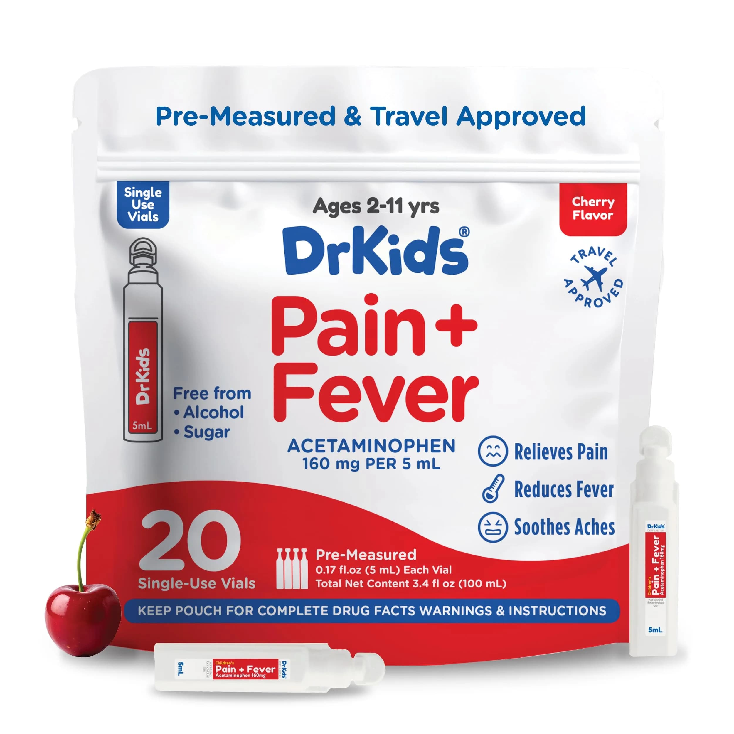 Dr. Kids Pain & Fever Medicine for Kids Ages 2-11, Cherry Flavor, 20 Count | Pre-Measured, Safe & Effective — Cherry