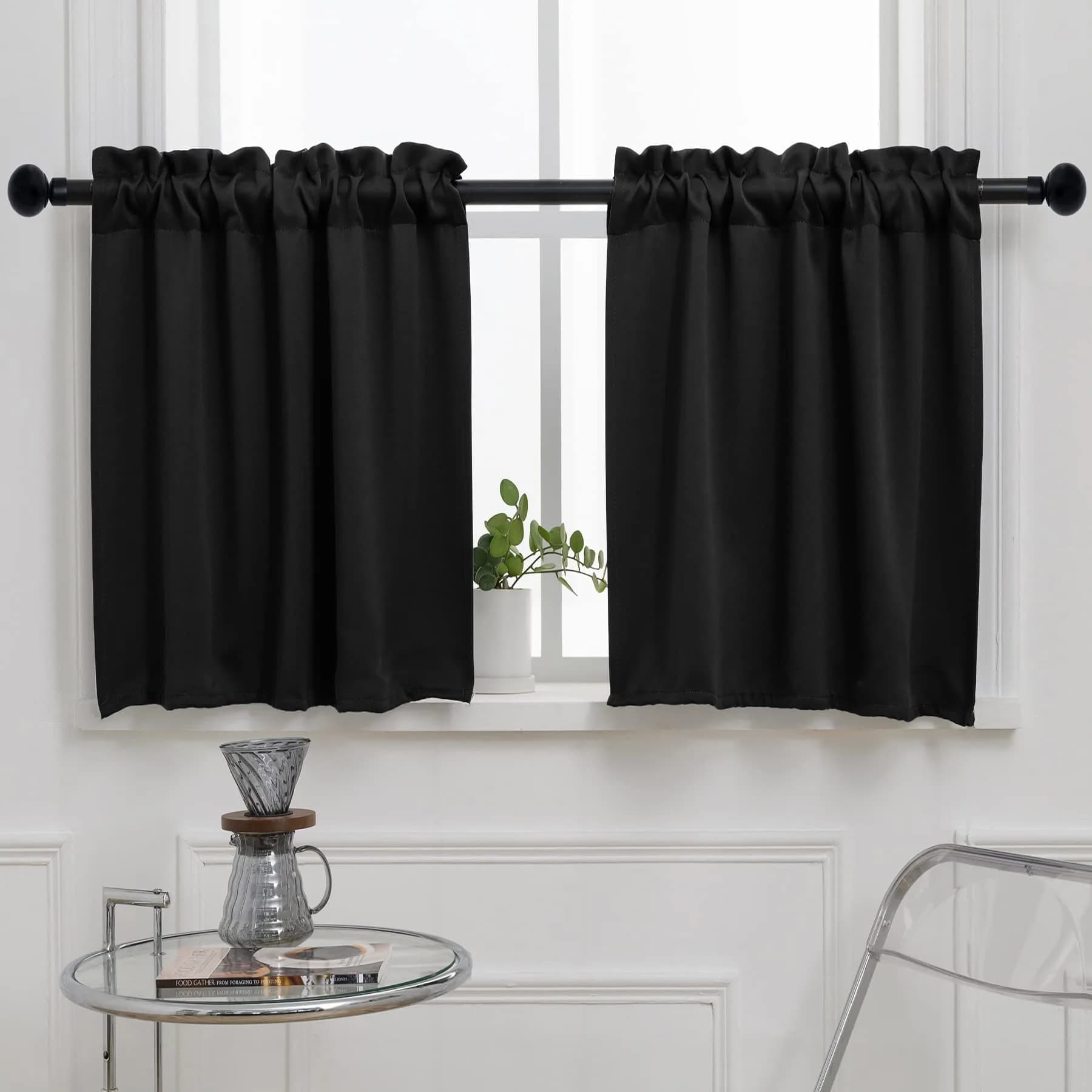 Pickluc Black Cafe Curtain 30"W x 30"L | Short Blackout Window Panel for Kitchen & Small Windows — 30"W x 30"L