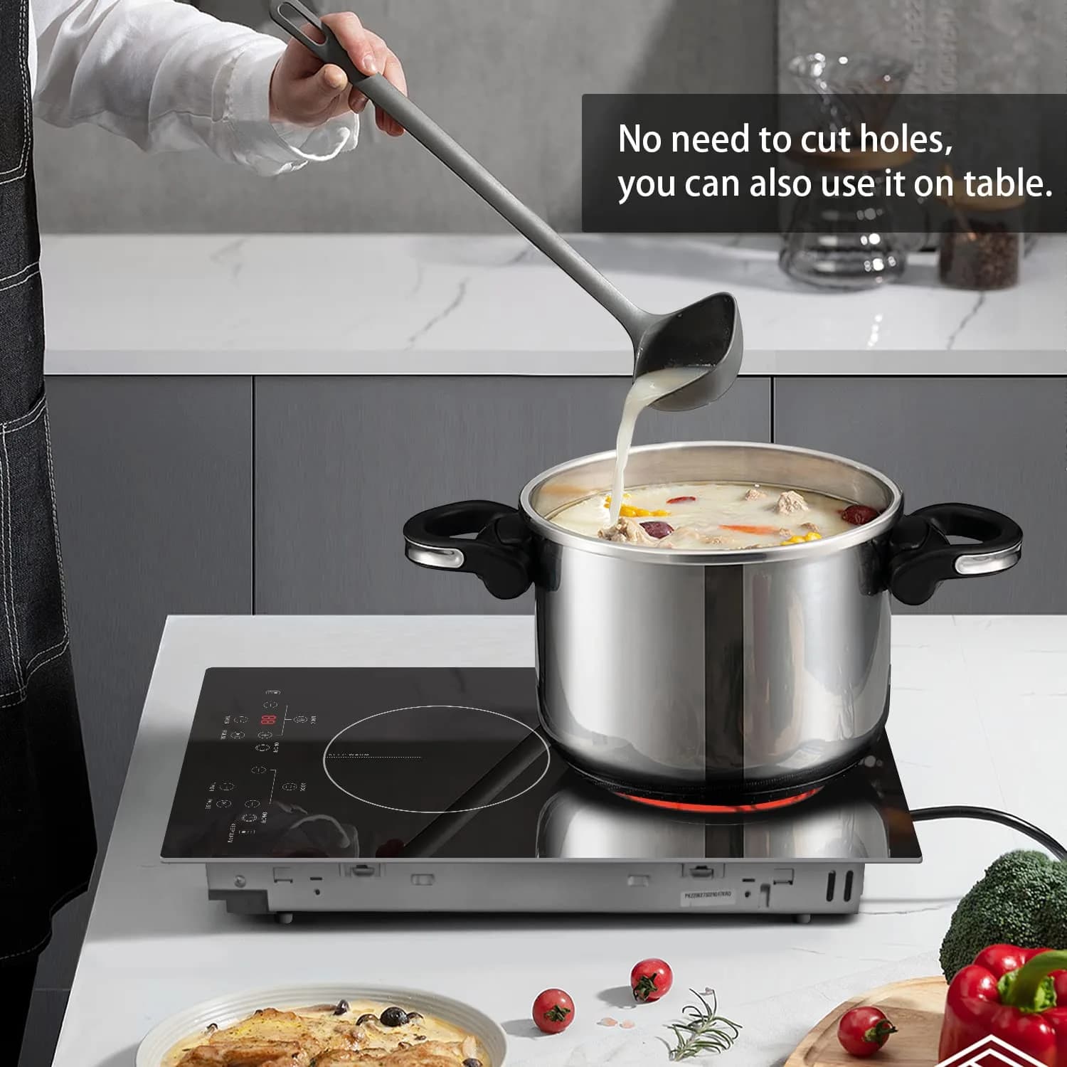 Karinear Black 2-Burner 12 Inch Electric Cooktop with Wooden Patterned Surface - view 4