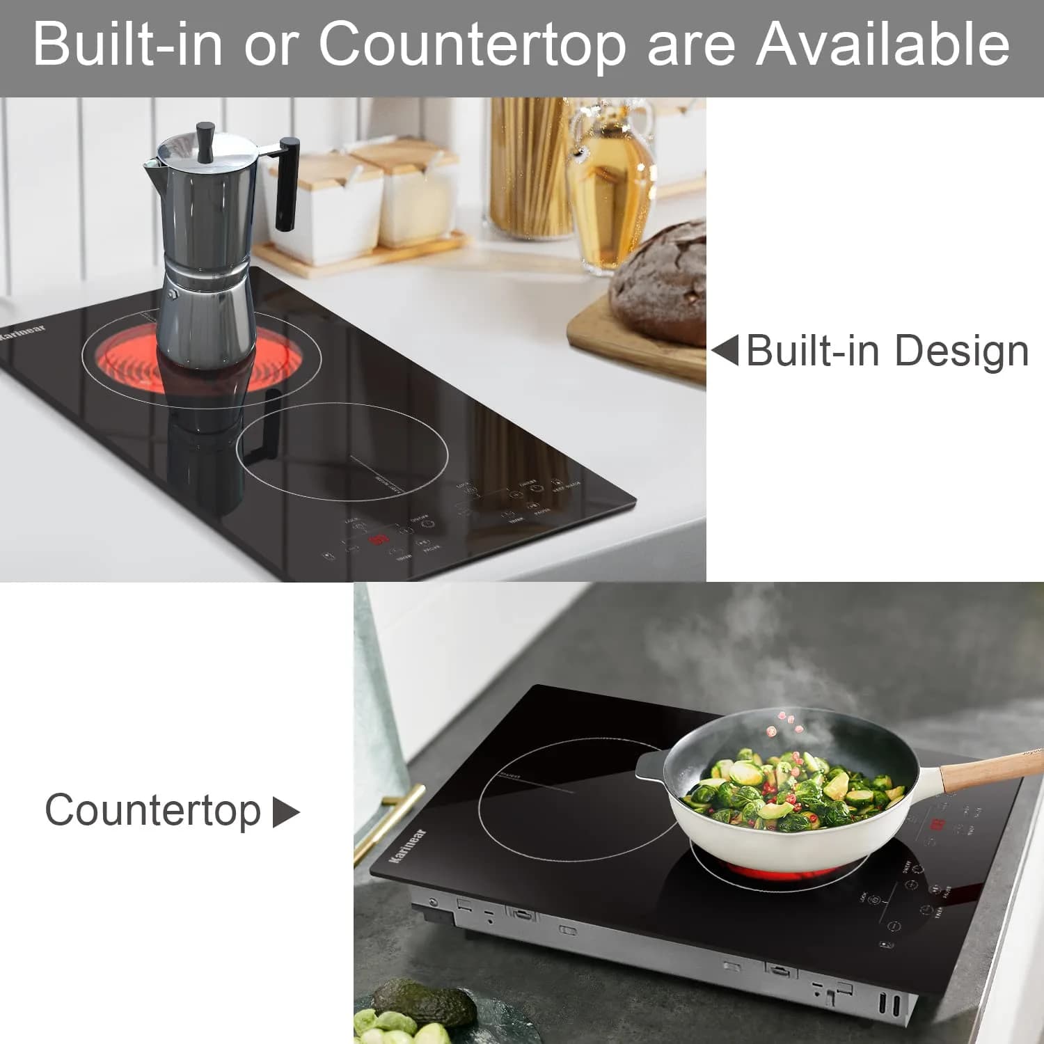 Karinear Black 2-Burner 12 Inch Electric Cooktop with Wooden Patterned Surface - view 2