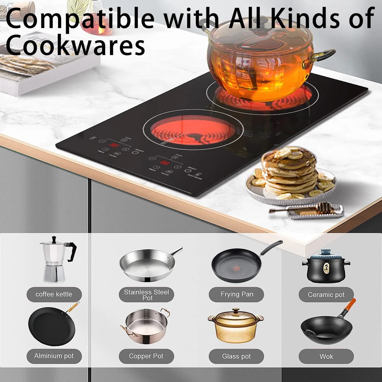 Karinear Black 2-Burner 12 Inch Electric Cooktop with Wooden Patterned Surface - view 3