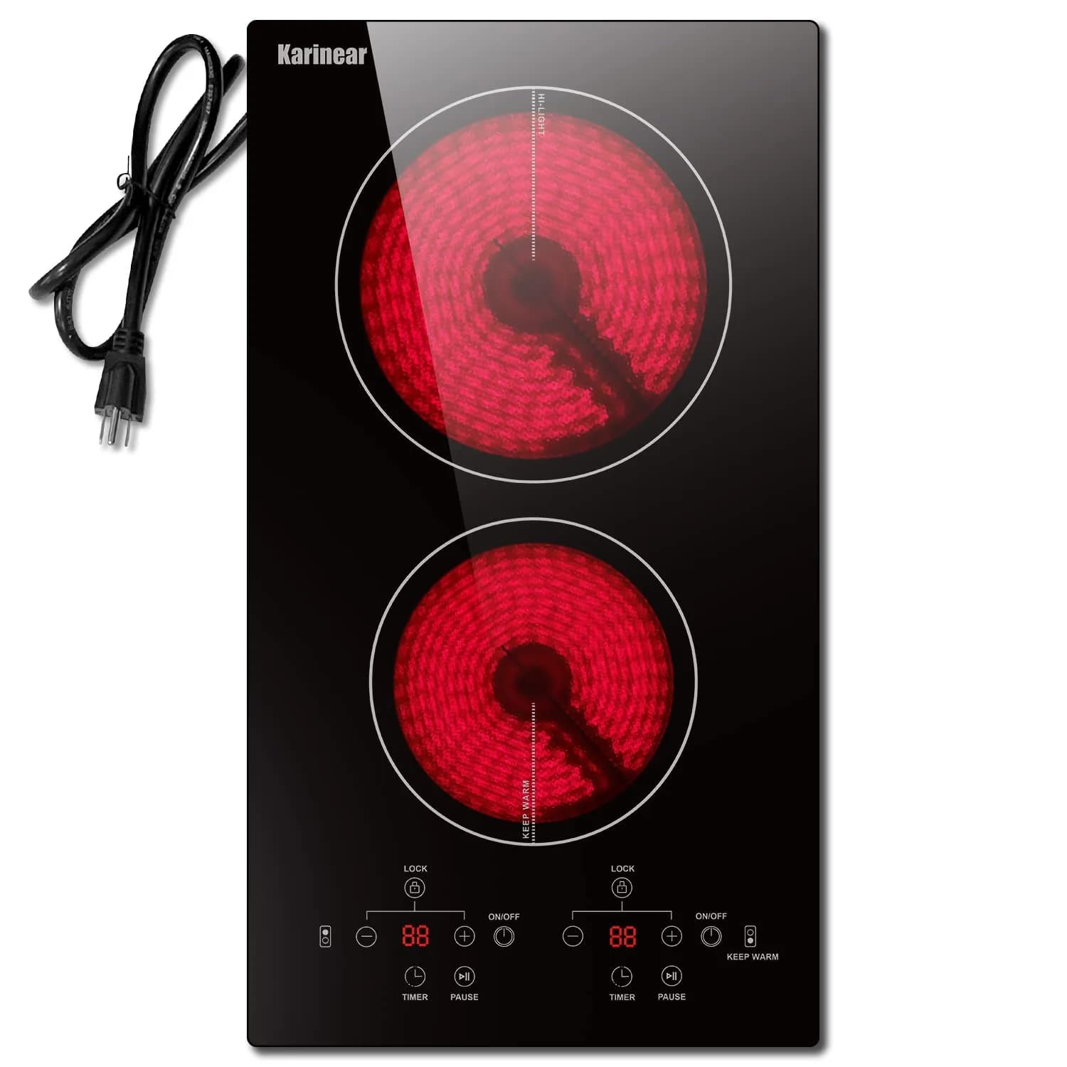 Karinear 2-Burner Electric Cooktop 12 Inch Radiant Ceramic Stove Top 2200W (1400W+600W) | Wooden Patterned Surface — Black