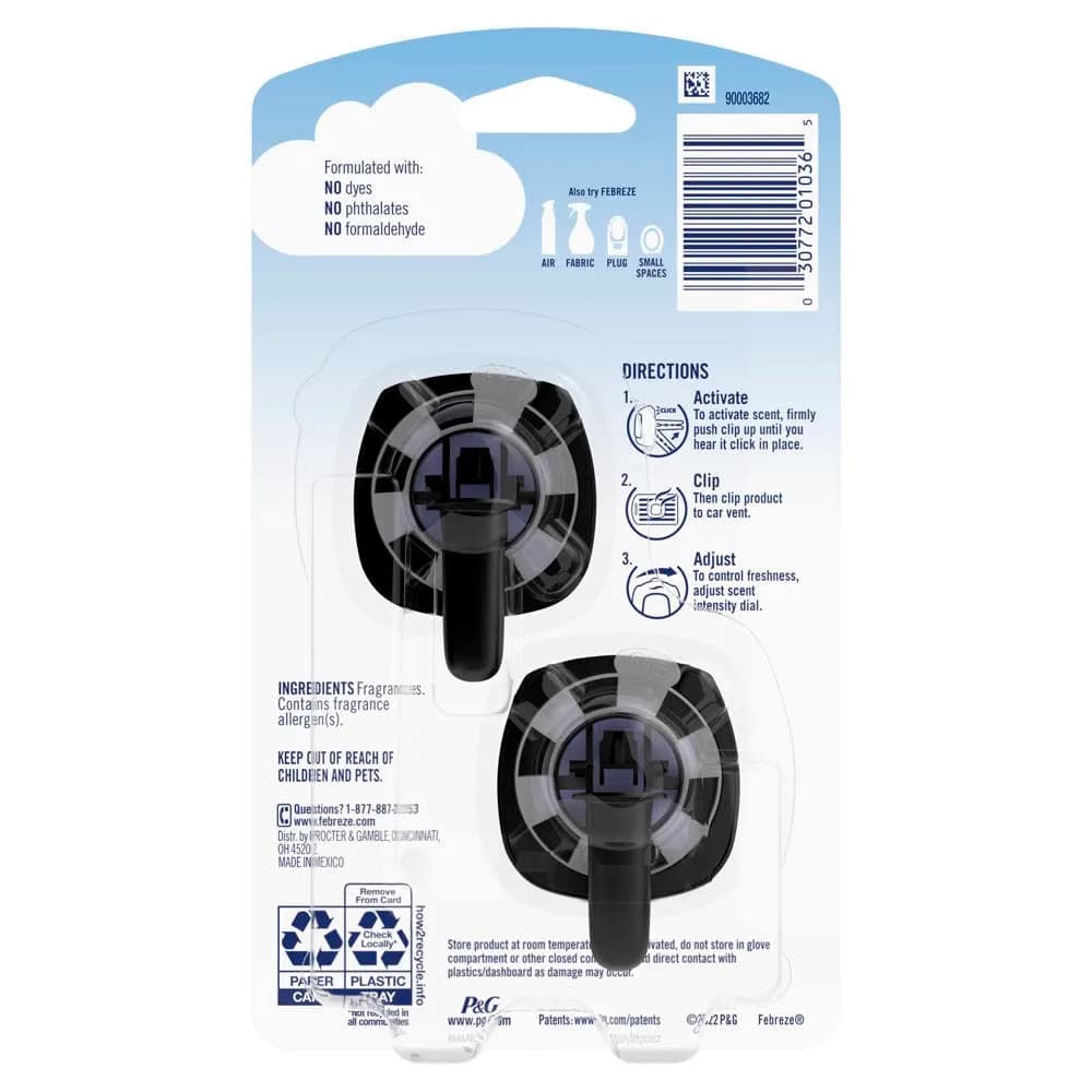 Febreze Car Vent Clip Air Freshener, Lush Scent, 2 Clips (0.14 Fl Oz / 4.4ml) | Eliminates Odors for Up to 80 Days - view 6