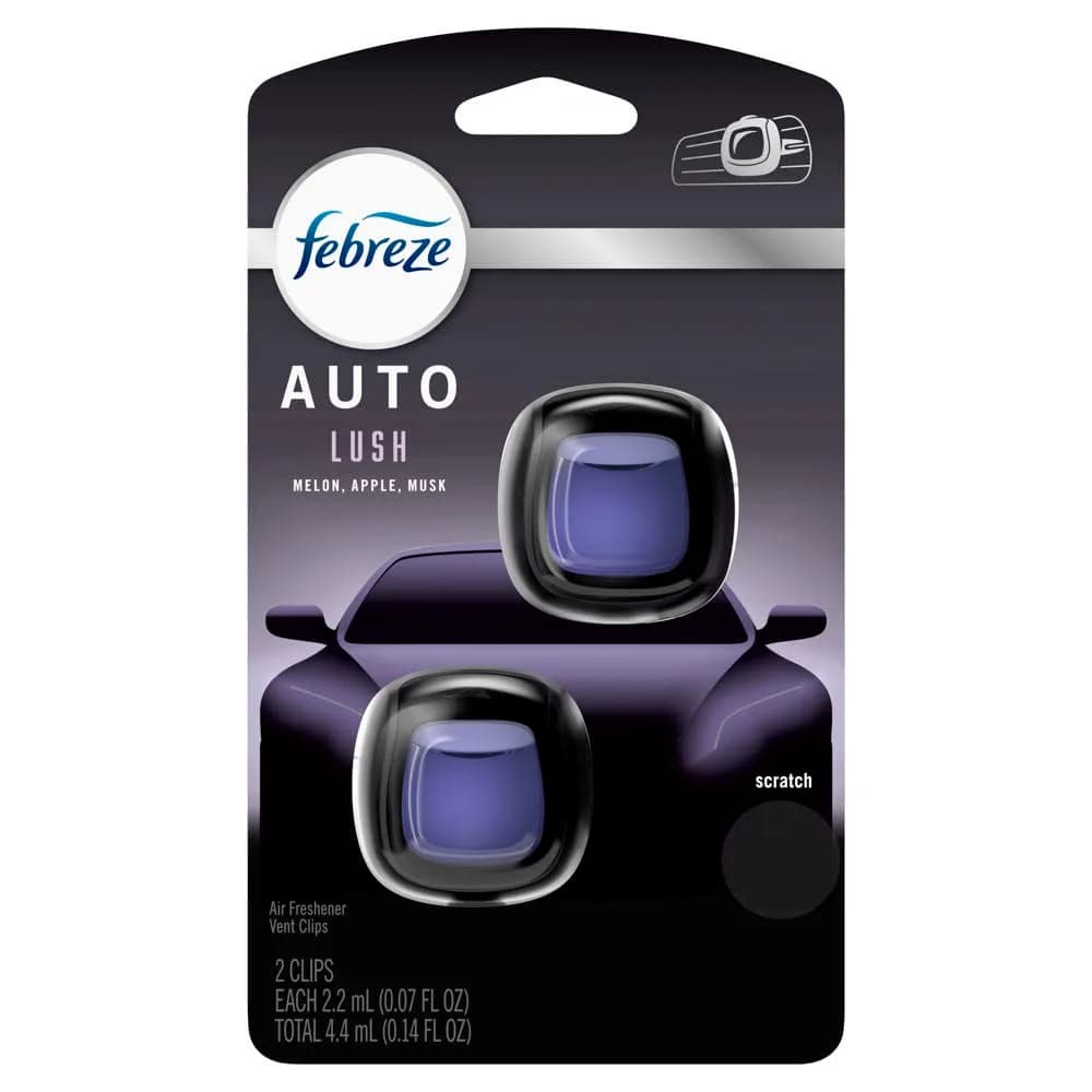 Febreze Car Vent Clip Air Freshener, Lush Scent, 2 Clips (0.14 Fl Oz / 4.4ml) | Eliminates Odors for Up to 80 Days - main product image