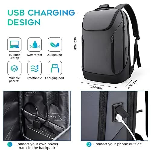 BANGE Business Waterproof Laptop Backpack 15.6 Inch | USB Charging Port & Travel Durability thumbnail 5