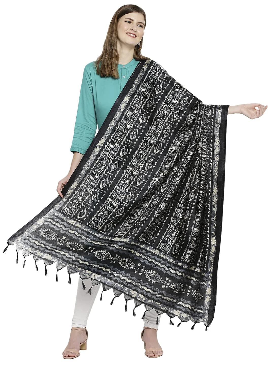 DUPATTA BAZAAR Women's Batik Printed Black Art Silk Dupatta | All Over Print, 240cm x 100cm, Hand Wash — Black Batik