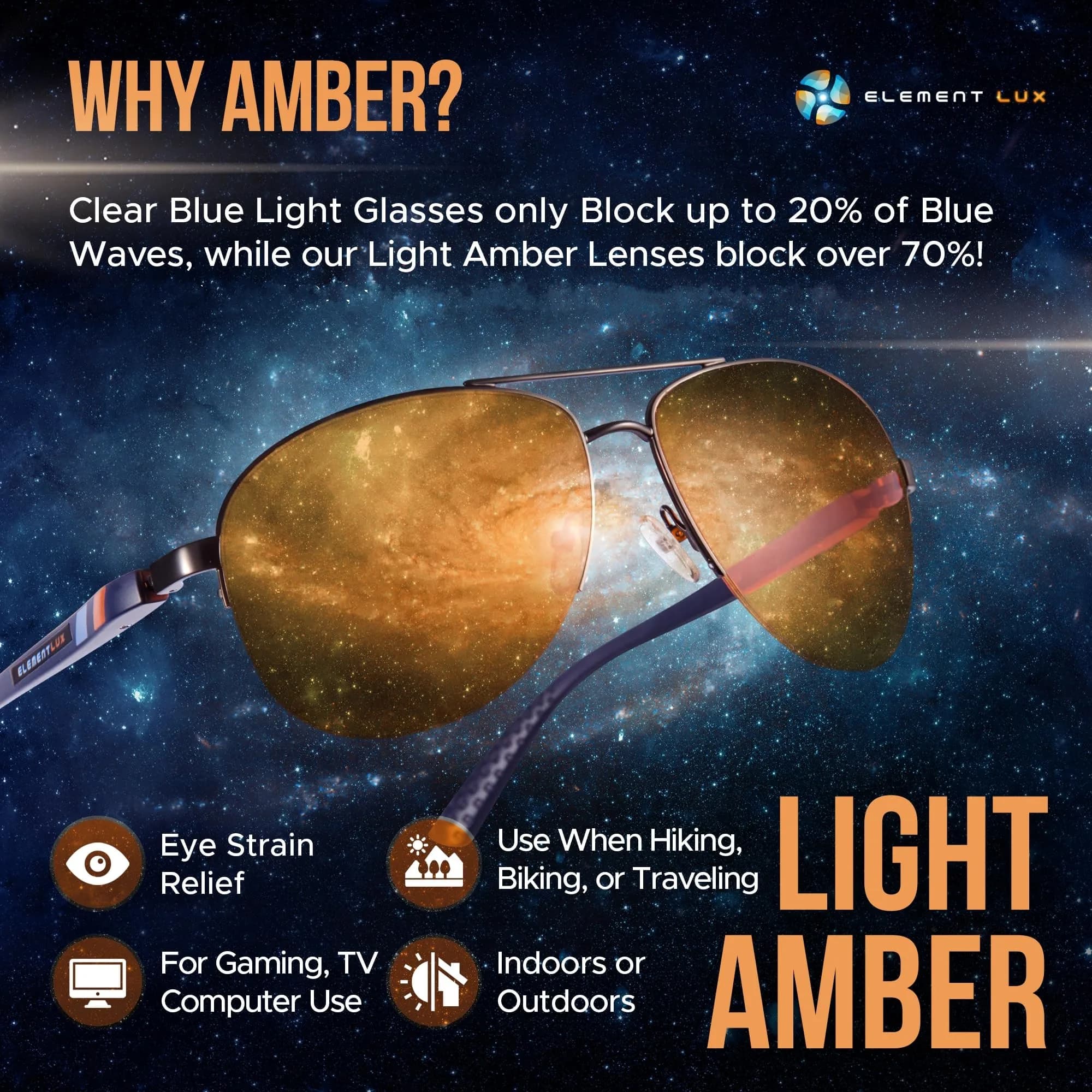 ELEMENT LUX Blue Light Blocking Glasses | 5.4 inches Arm Length | 70% Light Amber Lenses | For Better Sleep, Gaming, Computer Screen, Eyestrain Relief - view 2