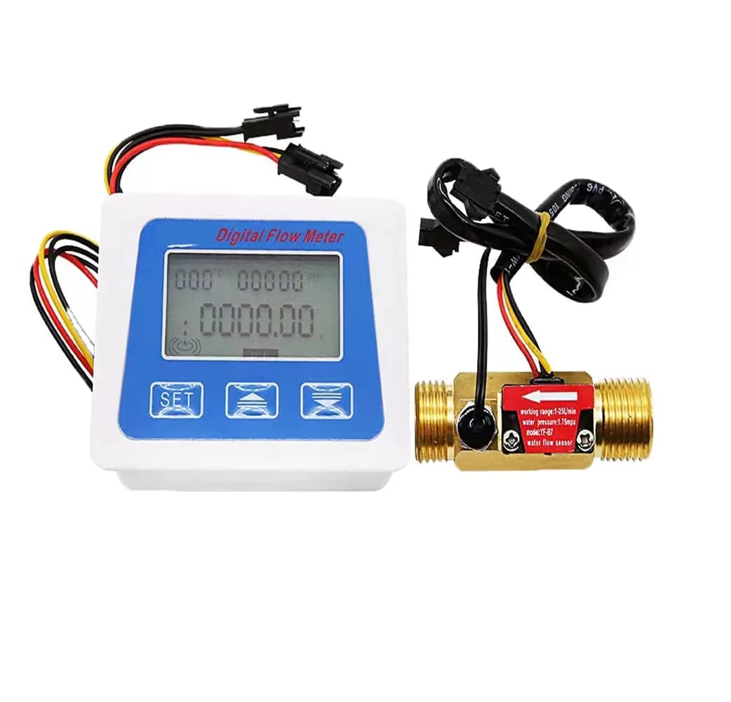 Lelukee Digital LCD Water Flow Totalizer and Rate Meter with G1/2" Hall Effect Sensor, 1-30L/min | DC24V